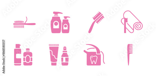 A flat glyph icon set of personal hygiene products. This includes vector illustrations of sanitary pads, soap, cotton washcloths, cotton pads, toothbrushes, napkins, and razors.