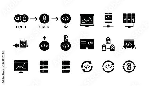 Comprehensive collection of software development, coding, and IT infrastructure icons depicting continuous integration, delivery, data management, and server administration