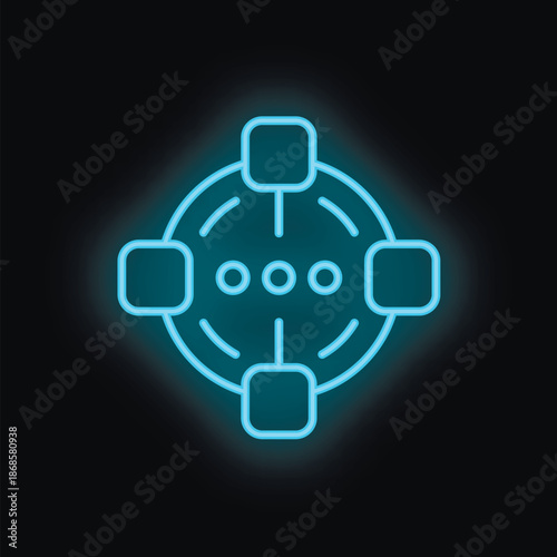 Glowing blue neon icon representing data analysis and information processing in a neural network