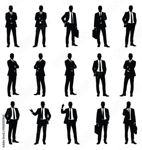 Professional businessman silhouettes in various standing poses and formal suits for corporate and office concepts