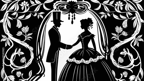 Elegant Victorian couple holding hands in floral archway silhouette