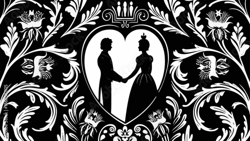 Elegant couple silhouette in heart with floral patterns