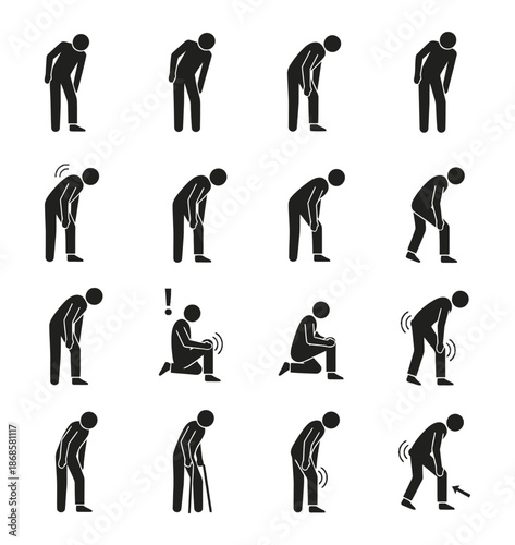 Collection of stick figure icons depicting knee pain, leg injuries, and walking difficulties for medical themes
