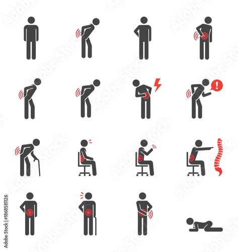 Medical icon set showing stick figures experiencing back pain, spinal issues, and discomfort from poor posture