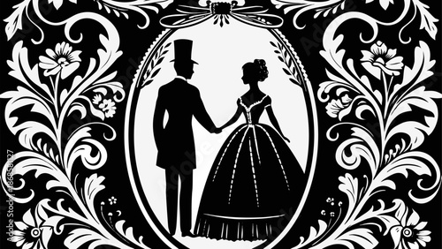 Elegant Victorian couple holding hands in ornate floral frame