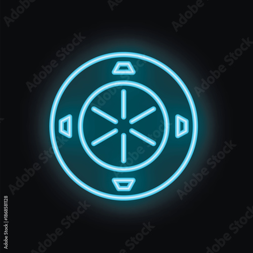 Blue neon sign of casino roulette wheel glowing on black background