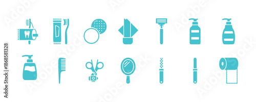 Set of flat glyph icons for personal hygiene essentials. The vector illustrations include sanitary pads, soap, washcloths, cotton pads, toothbrushes, napkins, and razors.