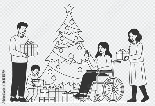 Family decorating christmas tree together with love and care for disabled member