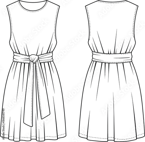 Women sleeveless dress technical fashion illustration, front and back view, belted waist midi dress, apparel flat design