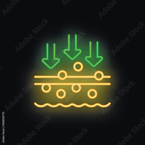 Neon icon representing skin layers with arrows pointing down, symbolizing the deep hydration effect of a cosmetic product