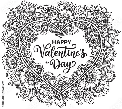 coloring book for Adult. Design for wedding invitations and Valentine's Day of abstract flowers, hearts, envelope, arrow, heart, bird, kiss, butterfly