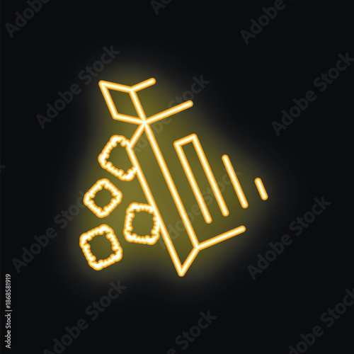 Glowing yellow neon icon of agricultural machinery harvesting wheat, evoking innovation in farming