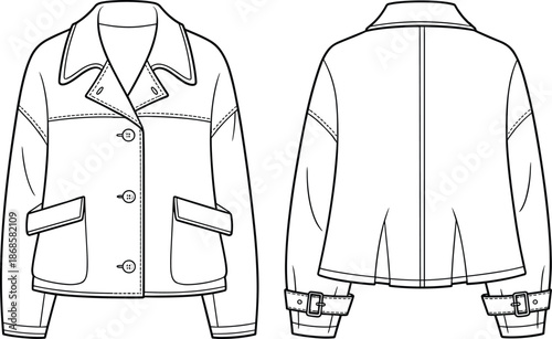 Women jacket technical drawing, front and back view, fashion flat sketch, outerwear design illustration, tailored coat with pockets and buttons