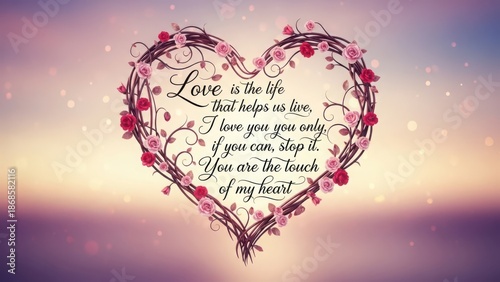 Romantic heart with flowers and love quote on dreamy background