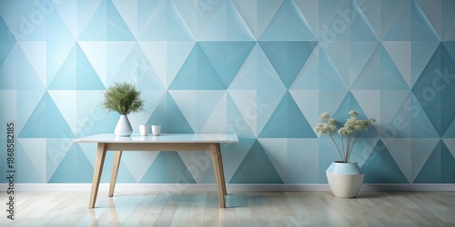 Wallpaper Mural Serene Minimalist Interior Design Featuring a Light Wood Table and Pastel Blue Geometric Wall Torontodigital.ca