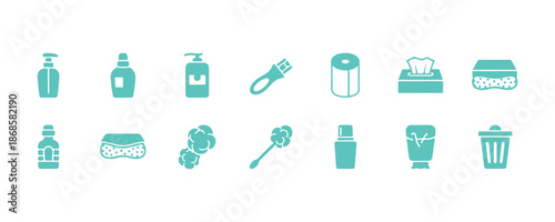 Icon set of personal hygiene products in flat design. This includes vector illustrations of sanitary pads, soap, cotton washcloths, cotton pads, toothbrushes, napkins, and razors.