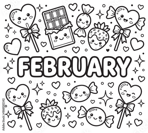 coloring book for Adult. Design for wedding invitations and Valentine's Day of abstract flowers, hearts, envelope, arrow, heart, bird, kiss, butterfly