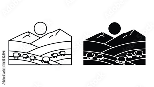 Sheep grazing in the hills under the sun in day and night