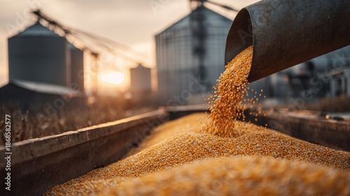 Corn kernels pouring from an auger into a trailer during harvest at sunset with grain silos in the background