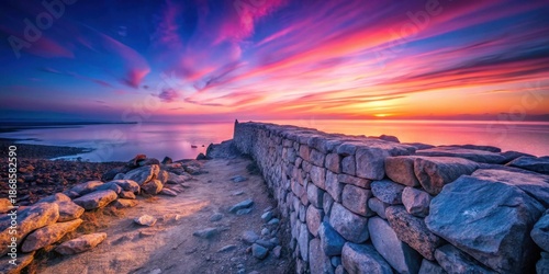 Wallpaper Mural Serene coastal stone wall at sunset, overlooking tranquil ocean waters reflecting vibrant sky hues Torontodigital.ca
