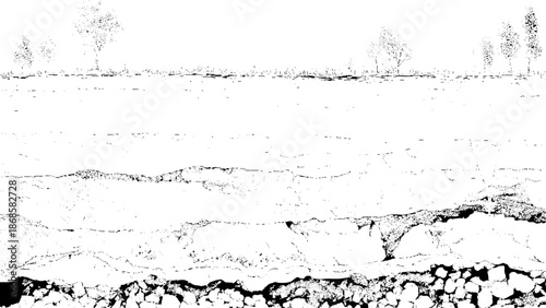 A stark black and white landscape featuring trees and rocky terrain