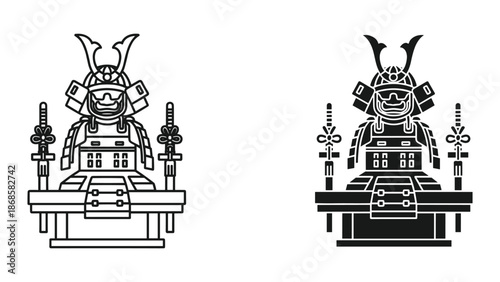Samurai warrior sitting on a table with swords