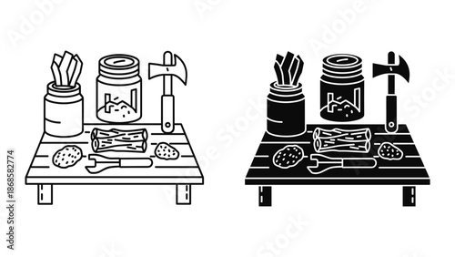 Camping preparation on wooden table with tools and equipment