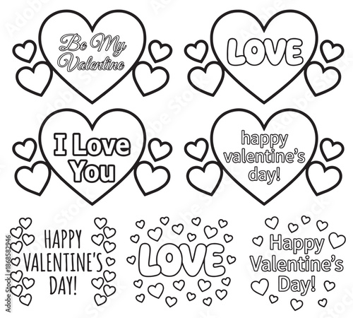 coloring book for Adult. Design for wedding invitations and Valentine's Day of abstract flowers, hearts, envelope, arrow, heart, bird, kiss, butterfly