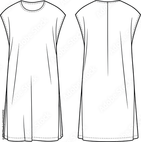 Women sleeveless shift dress technical flat sketch, front and back view, minimalist fashion line art vector illustration