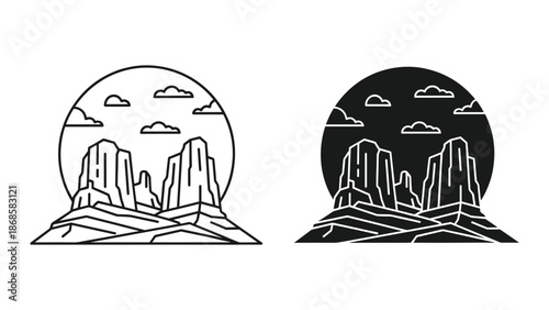 Mountain landscape icon set with sun and clouds