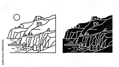 Black and white illustration of coastal landscape with buildings