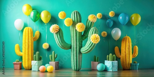 Wallpaper Mural A festive celebration with vibrant cacti and cheerful balloons against a teal backdrop Torontodigital.ca