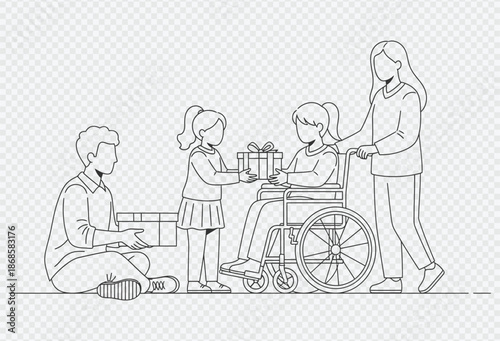 Family sharing gifts with disabled child in wheelchair, promoting inclusion and joy