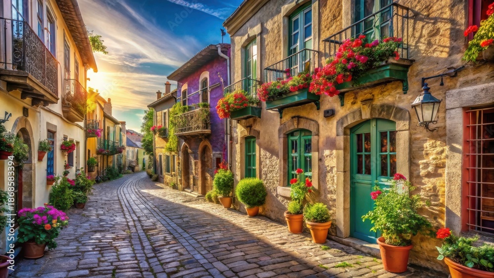 Fototapeta premium A sunlit cobblestone lane, charming houses adorned with vibrant floral displays on balconies and window boxes, creating a picturesque European streetscape at sunset.