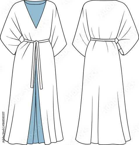 Wrap dress technical fashion flat, front and back view, long sleeve belted maxi dress, womens apparel line art vector illustration