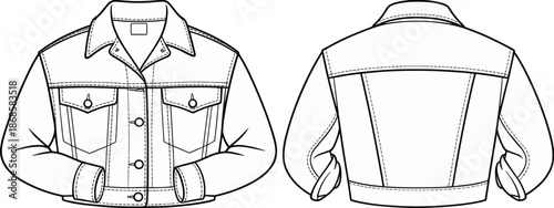 Men denim jacket CAD drawing, classic trucker jacket technical illustration, front and back view fashion apparel design