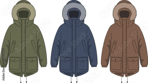 Winter parka jacket CAD drawing, hooded fur coat technical illustration, women outerwear fashion design, flat vector apparel artwork