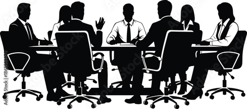 Corporate business team silhouettes in boardroom meeting discussing strategy, leadership, teamwork, and professional collaboration isolated on white background