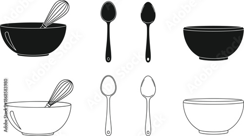 Hand drawn kitchenware silhouette and line art set, mixing bowl with whisk and spoons for baking, cooking tools, culinary icons