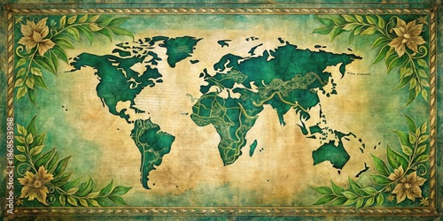 Wallpaper Mural Antique World Map with Lush Botanical Frame, Exquisitely Detailed and Aged Texture Torontodigital.ca