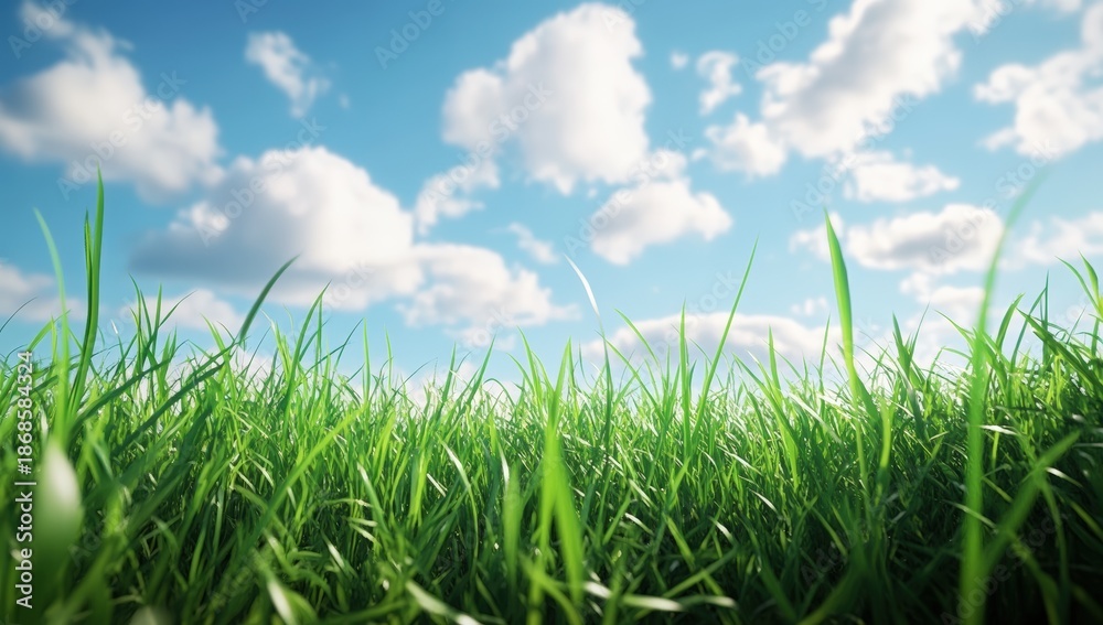 Fototapeta premium A vibrant scene of green grass under a clear blue sky with fluffy white clouds, evoking a sense of tranquility and nature.