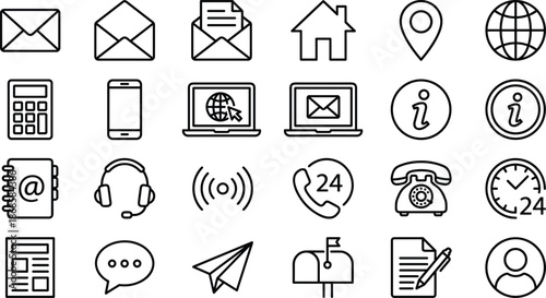 Communication and contact icons set, outline symbols for email, phone, support, location, web, devices, customer service