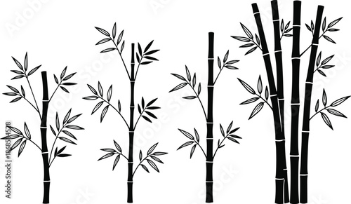 Bamboo forest silhouette vector illustration, zen oriental garden plant icons, tropical nature stems and leaves, black decorative asian tree set, eco design.