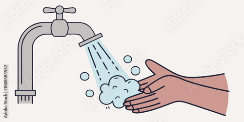 Illustration of Hand Washing with Soap Under a Water Faucet