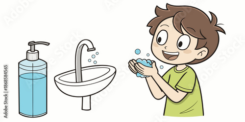 Cartoon Boy Washing Hands with Soap at the Sink Illustration