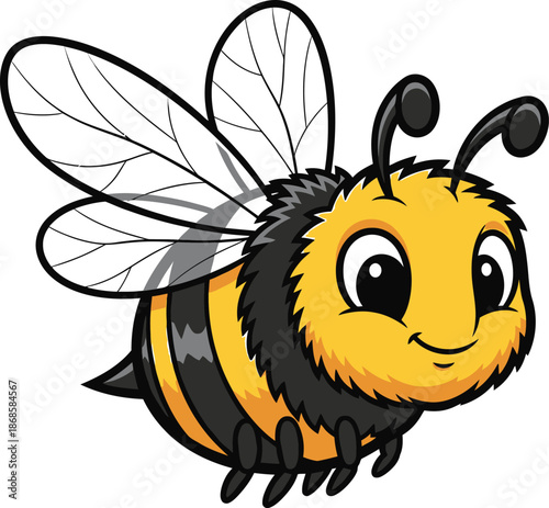 Cute cartoon bee with wings flying with a smile, a charming insect illustration
