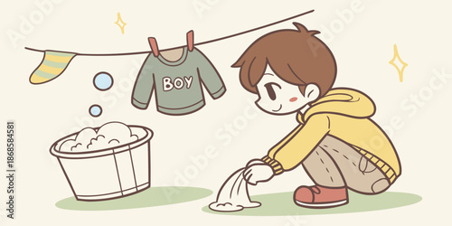 Little Boy Doing Laundry Vector Illustration