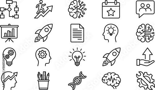 Business innovation and startup outline icon set featuring growth, strategy, creativity, analytics, planning, and idea development symbols in black and white line style
