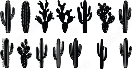 Black cactus silhouettes set, desert plant vector illustrations, mexican succulents and saguaro icons isolated on white background, botanical nature design elements for graphics,