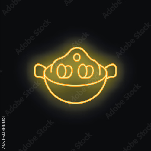 Bright yellow neon icon of food steaming in a pot on a black background